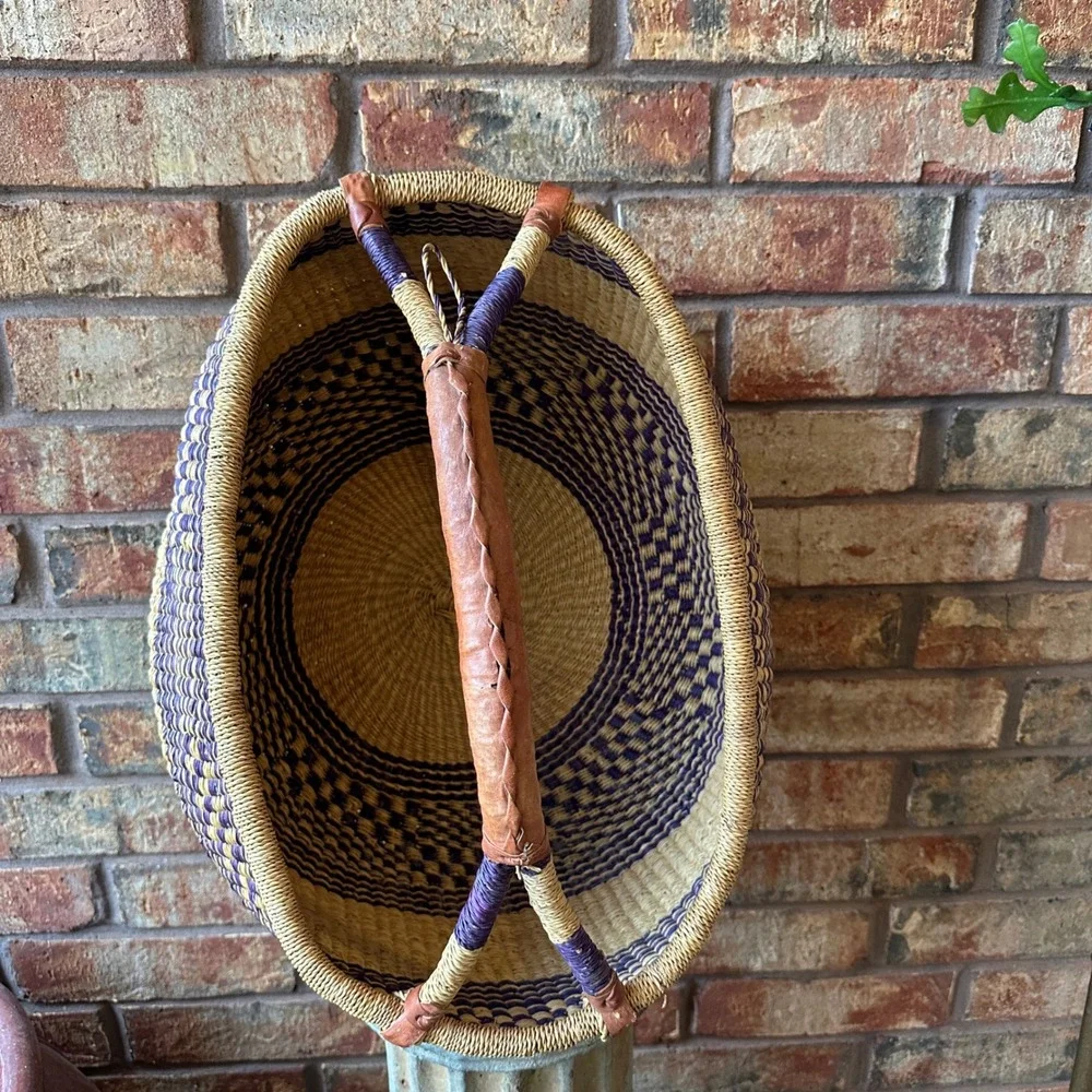Handmade Woven Bolga Market Basket Purple Natural Straw Leather Handle